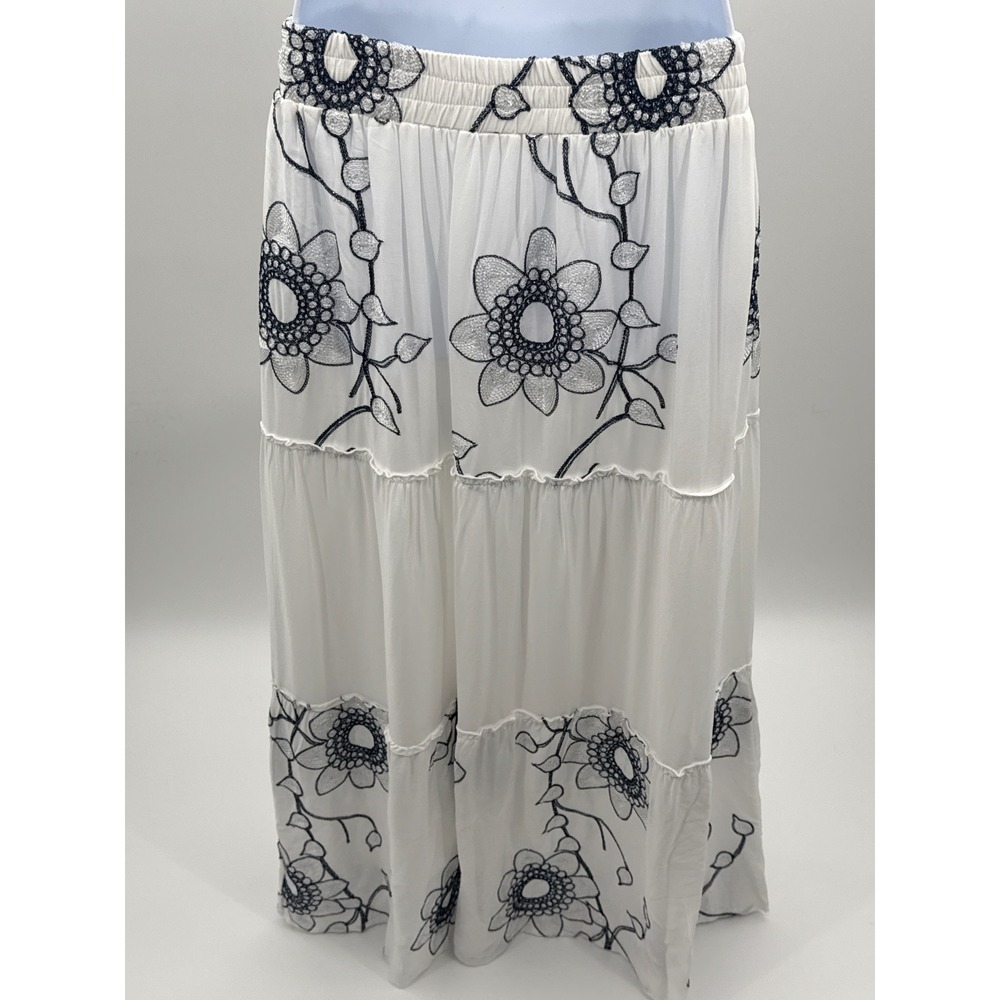 Mermaid Fashion White Floral Embroidered Tiered Maxi Skirt Navy Silver Boho L - Picture 5 of 9